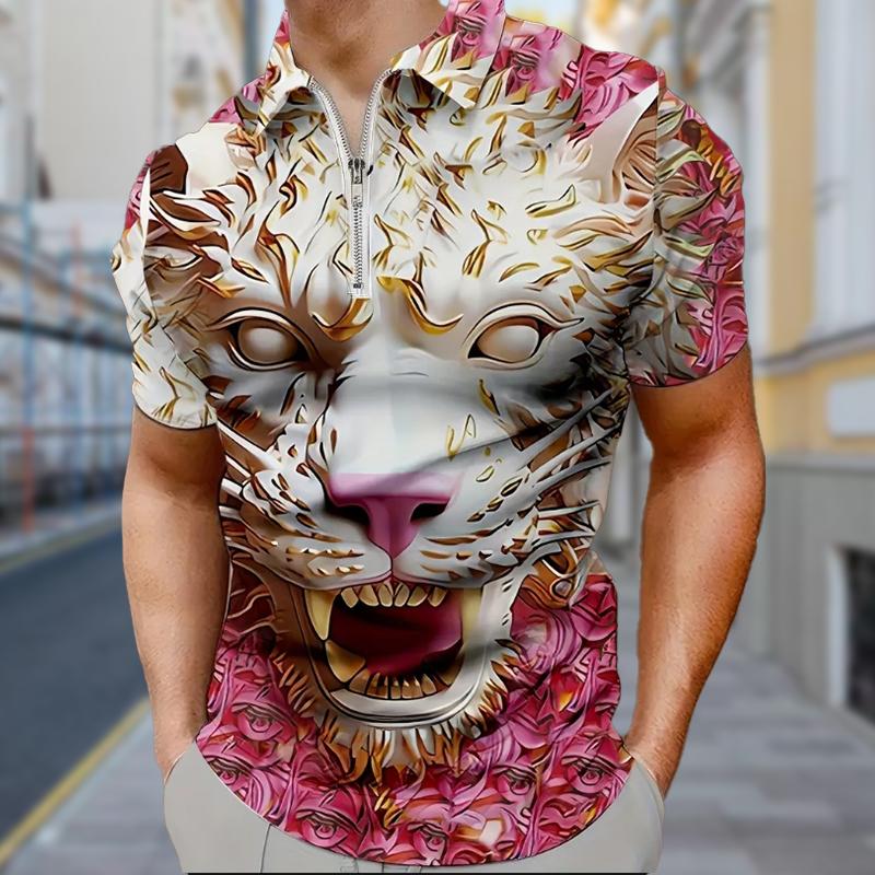 Мужская рубашка поло повседневная на молнии с коротким рукавом модная повседневная на молнии летняя весенняя рубашка стандартного кроя с леопардовым принтом 3D