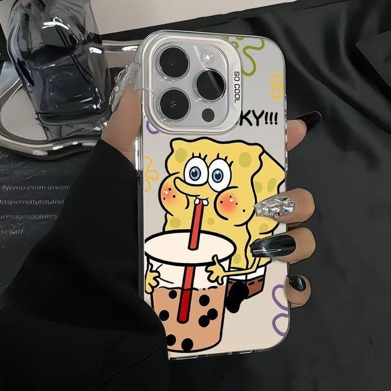 Молочный чай Губка Боб Квадратные Штаны подходит для Apple 16PROMAX/iPhone15/iPhone14 парный цветной серебристый чехол для мобильного телефона