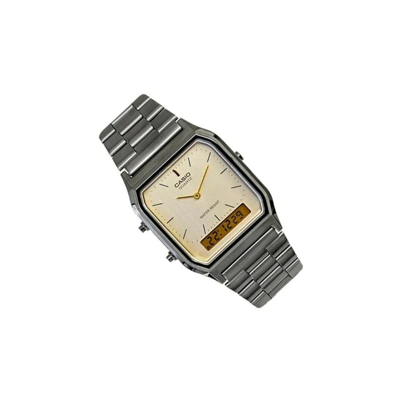 Casio Серия YOUTH серия-квадратная тарелка двойной дисплей маленький квадратный деловой модный ретро повседневный двойной дисплей кварцевый механизм нержавеющая AQ-230GG-9A