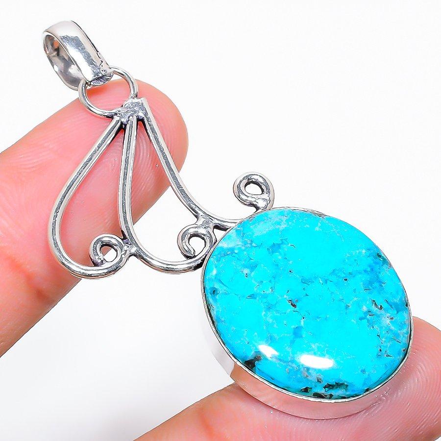 Tibetan Turquoise Gemstone Handmade 925 Sterling Silver Jewelry Pendant 2.21"