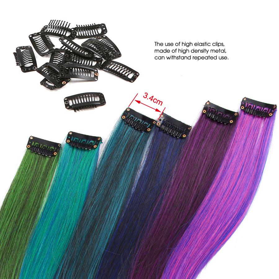 Clip In One Pieces Hair Extensions Straight Ombre Purple Blue Pink Extension Hair Women Synthetic False Fake Hair