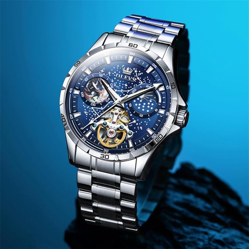 Часы OLEVS мужские механические с автоматическим заводом, циферблат со звездным небом, нержавеющая сталь, водонепроницаемые часы для мужчин, синие…
