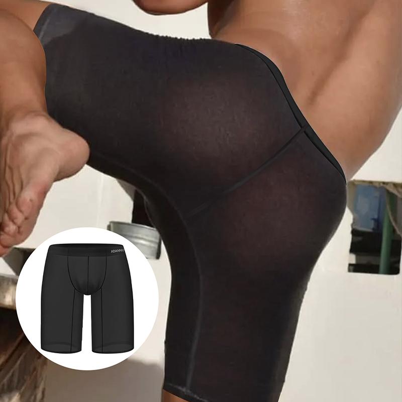 Спортивные мужские 5-точечные брюки для фитнеса, дышащие сексуальные леггинсы, мужское нижнее белье, ультратонкие бесшовные прозрачные удлиненные шорты-боксеры
