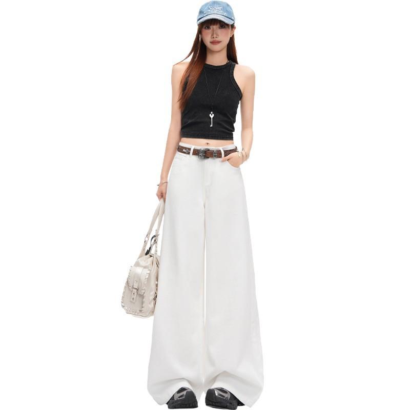 White wide-leg jeans women's spring and summer new high-waisted simple and versatile loose and thin straight-leg pants