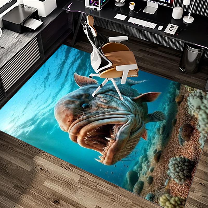 Giant Deep Sea Monster Fish Coral Seabed Print Area Rug Non‑Slip Rectangular Floor Mat Marine Wildlife Decor Rug for Game Room Bedroom Living Room