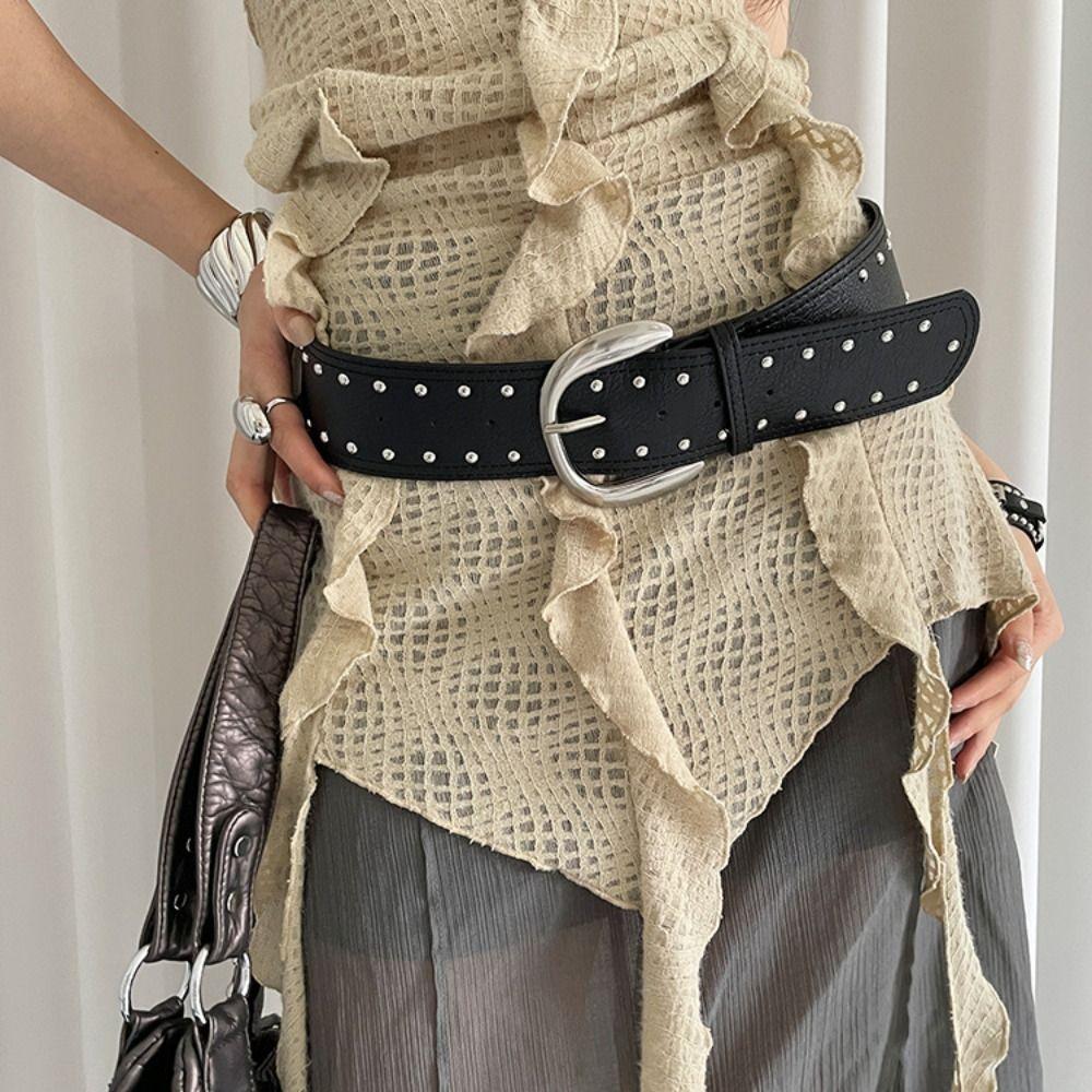 Y2k Women Rivet Belt Vintage Punk Style Belt Fashion Wide Leather Waistband  Pants Accessories