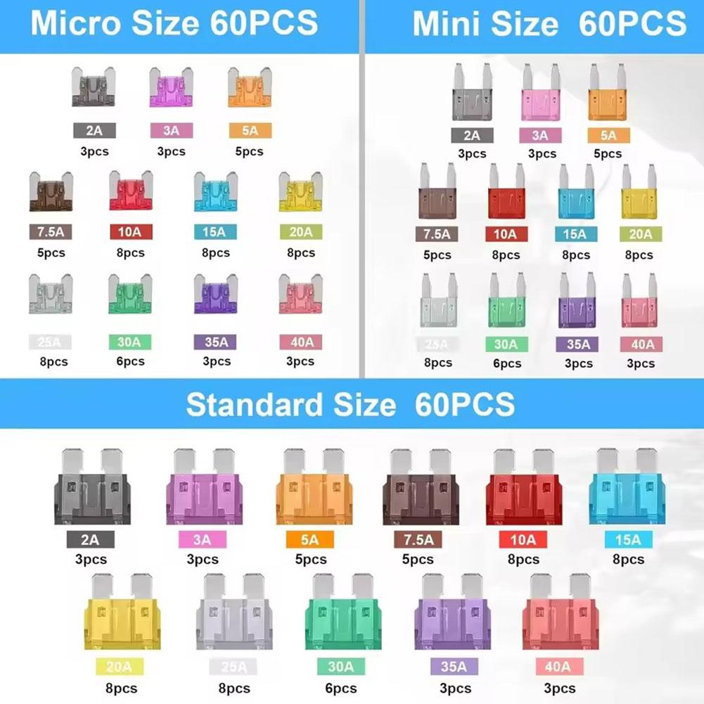 60/100/180Pcs Standard Automotive Fuses - 60 Mini Car Fuse +60 Standard Fuse Automotive +60 Micro Fuse With Box