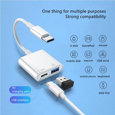Адаптер 2 в 1 Type-C на USB 2.0 с зарядкой PD и OTG, USB-хаб, разветвитель, конвертер, TPE+ABS