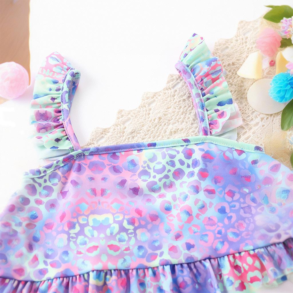 Купальники для девочек с оборками по подолу, симпатичные, красочные, с леопардовым принтом, купальники из 2 частей, для детей от 4 до 10 лет, гавайский комплект бикини