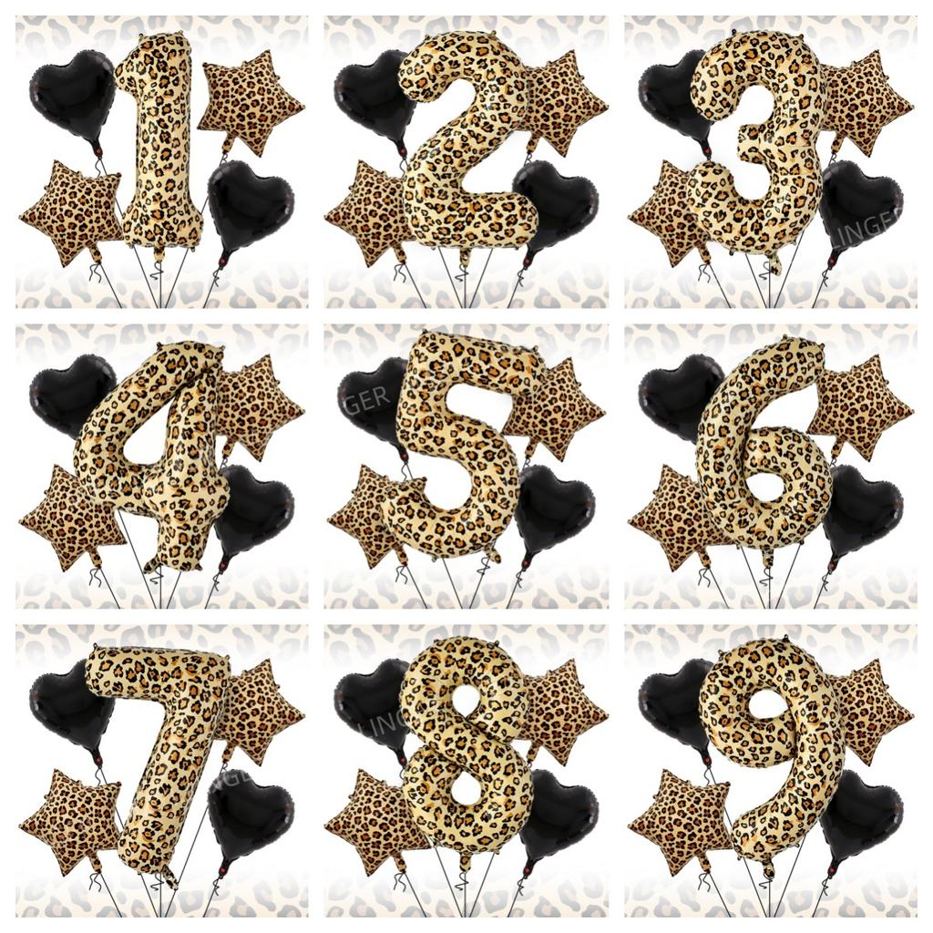 Super sized 40inch leopard print digital balloon with leopard print pentagram and black heart balloon for birthday party decor