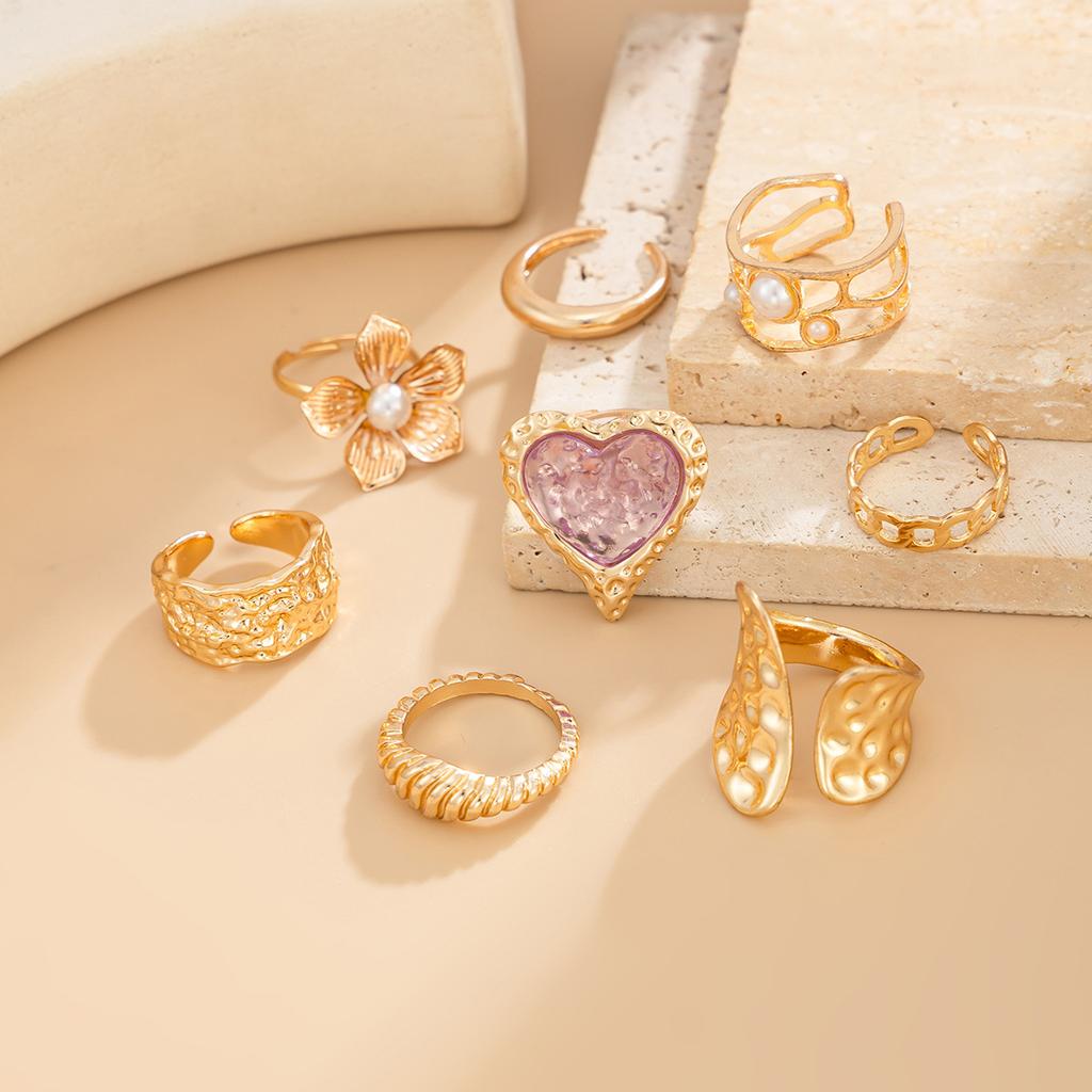 8Pcs/Set Vintage Pink Resin Peach Heart Rings for Women Men Fashion Metal Pleated Pearl Flower Rings Set Bohemia Jewelry Gifts