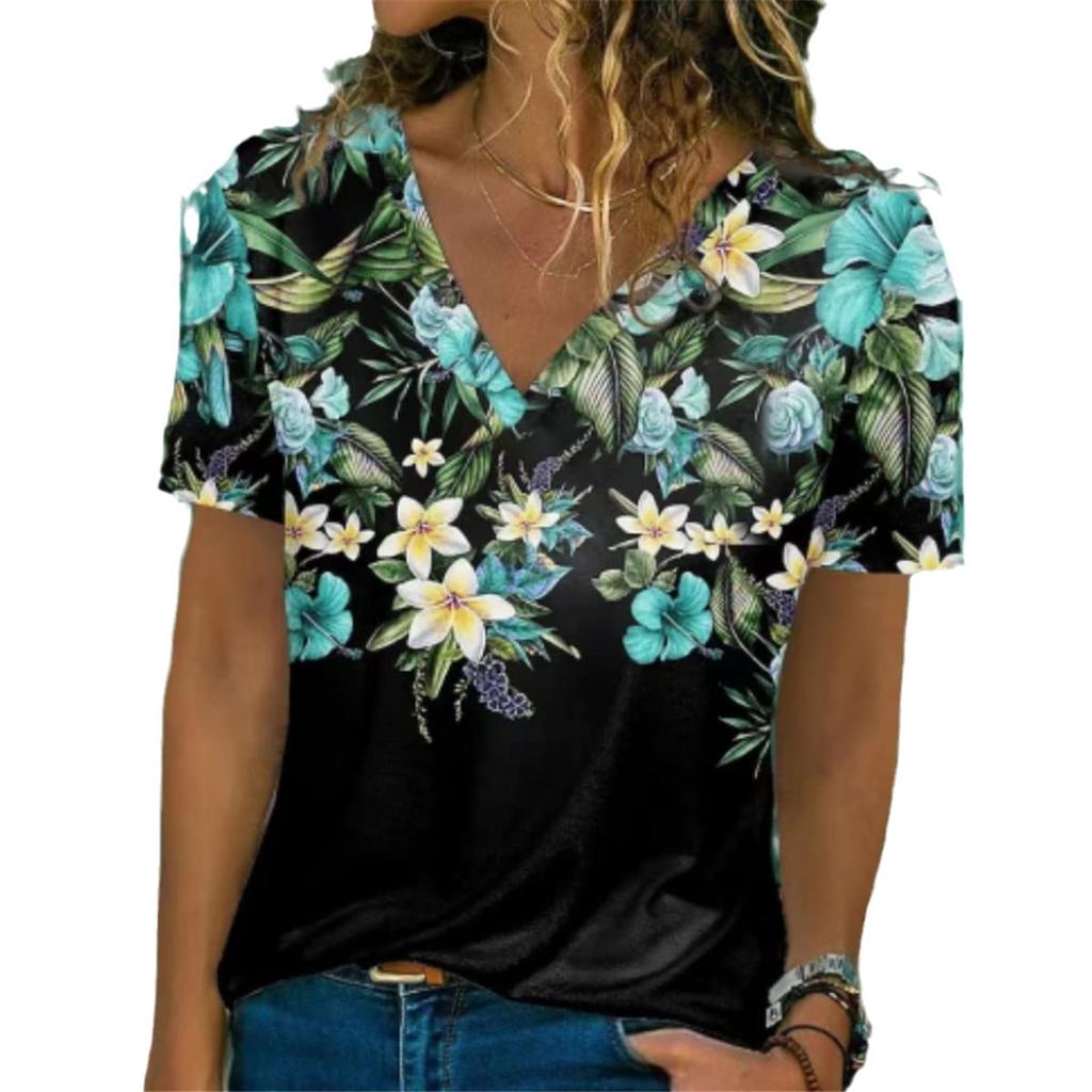 Летняя новая женская футболка с 3D-цветочным принтом, V-образным вырезом, коротким рукавом, модная свободная женская футболка, женская футболка 2000 года