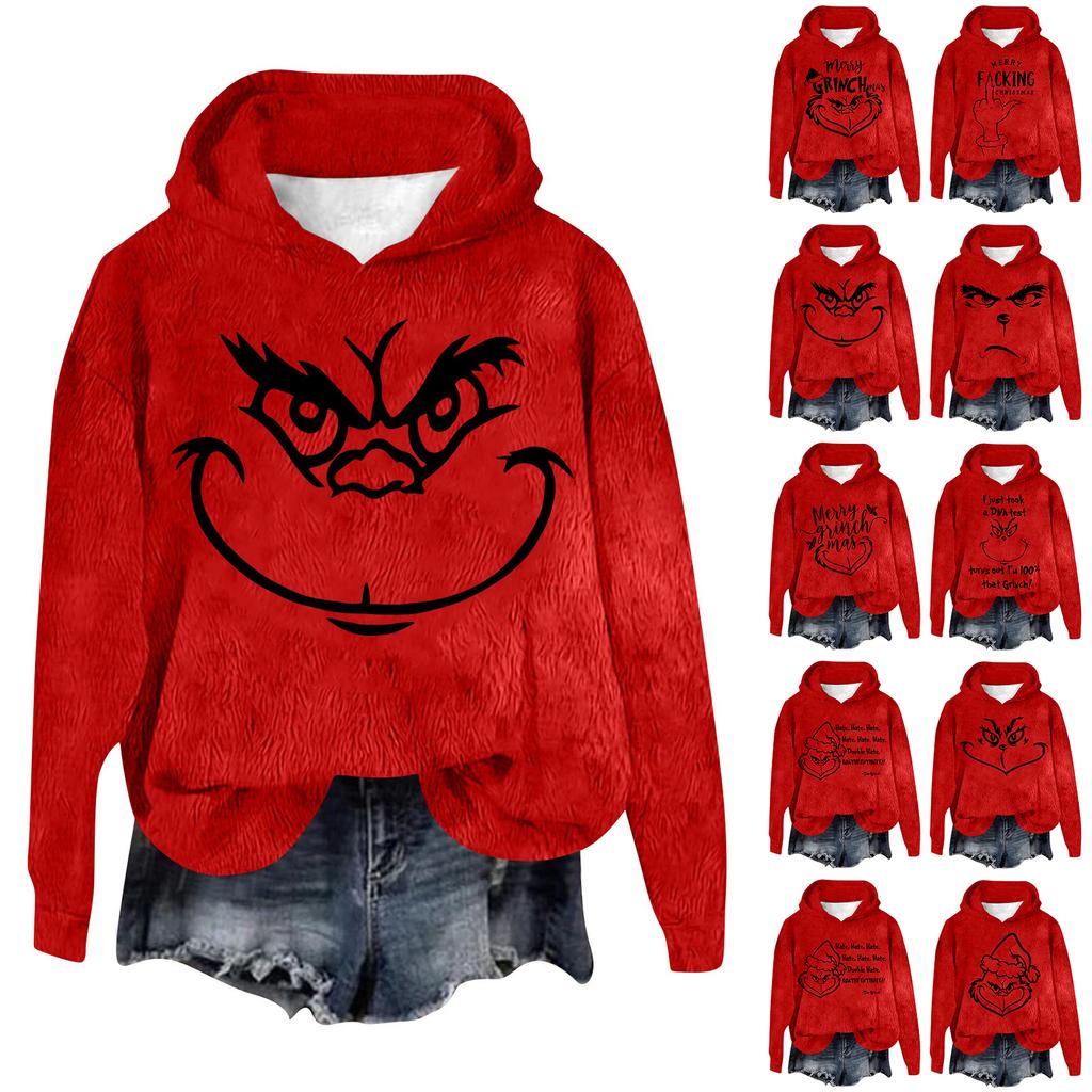 Women's Hooded Long Sleeve Christmas Printed Flannel Top Hooded Sweatshirt