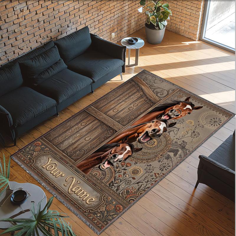 Horse Theme Crystal Velvet Floor Rug Personalized Custom Name Text Warm Carpet Home Decoration