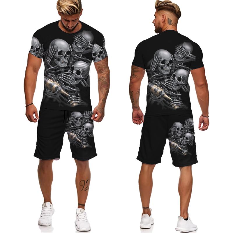 Новинка, футболка/костюм с 3D принтом готического черепа, летние мужские крутые футболки в стиле панк + шорты, индивидуальный спортивный костюм в стиле хип-хоп, уличная одежда