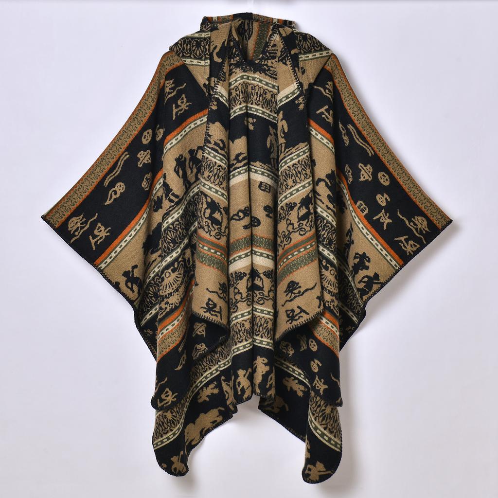 Новый продукт, женская осенне-зимняя теплая накидка с капюшоном в этническом стиле, праздничная накидка, утолщенная жаккардовая шаль