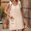 Летние женские повседневные платья без рукавов с круглым вырезом без рукавов, платье без рукавов с декоративными пуговицами