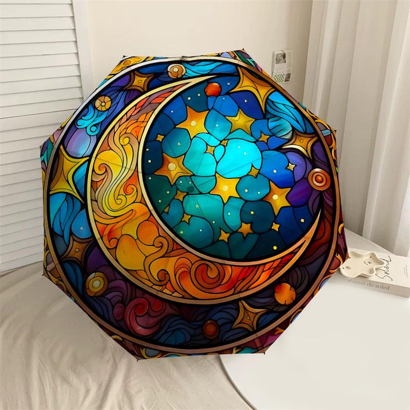 1PC Stained Glass Moon Stars Automatic Open/Close Umbrella with Windproof, 8-Rib Sturdy Canopy, Durable Ribs, Fashionable Design1371A