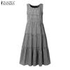 ZANZEA Women Casual Round Neck Summer Sleeveless Plaid Print Dress