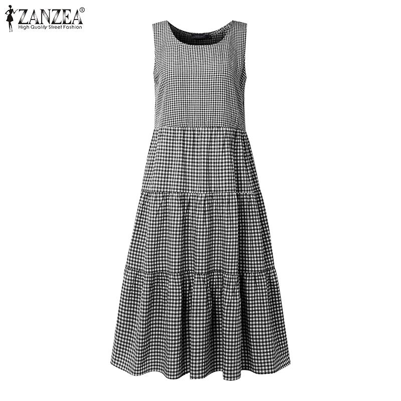 ZANZEA Women Casual Round Neck Summer Sleeveless Plaid Print Dress