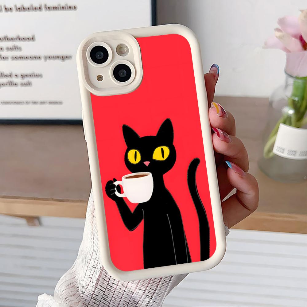 Cute Coffee Cat Thicken TPU Mobile Phone Case for iPhone 17 16 15 14 13 12 11 Air Pro Max Plus Colorful Cover