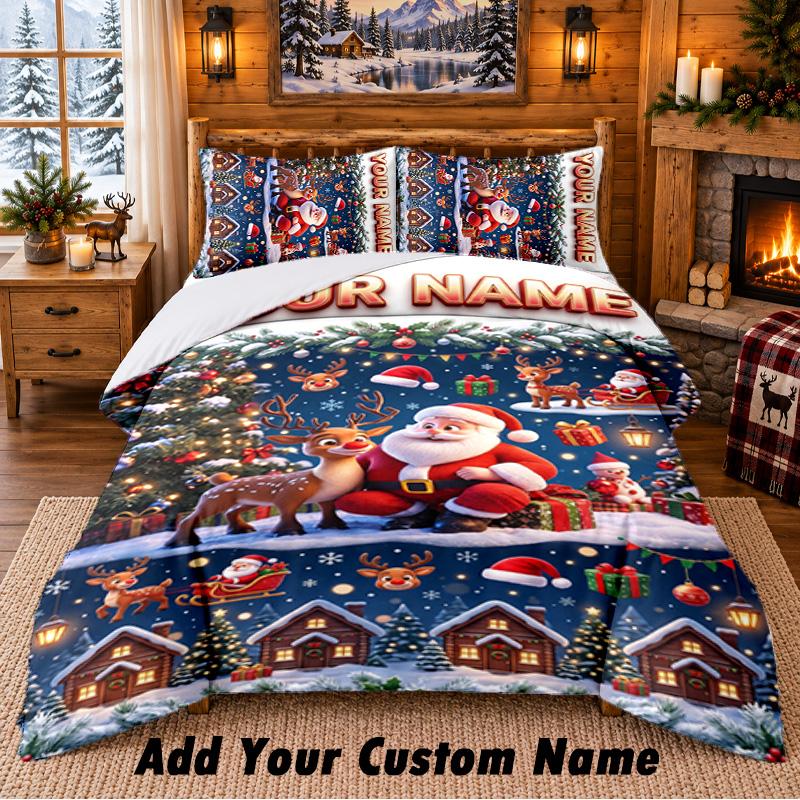 Christmas Custom Name Pattern Bedding 3Pcs Set Bed Sheet Pillowcases Indoor Bedroom Holiday Gift