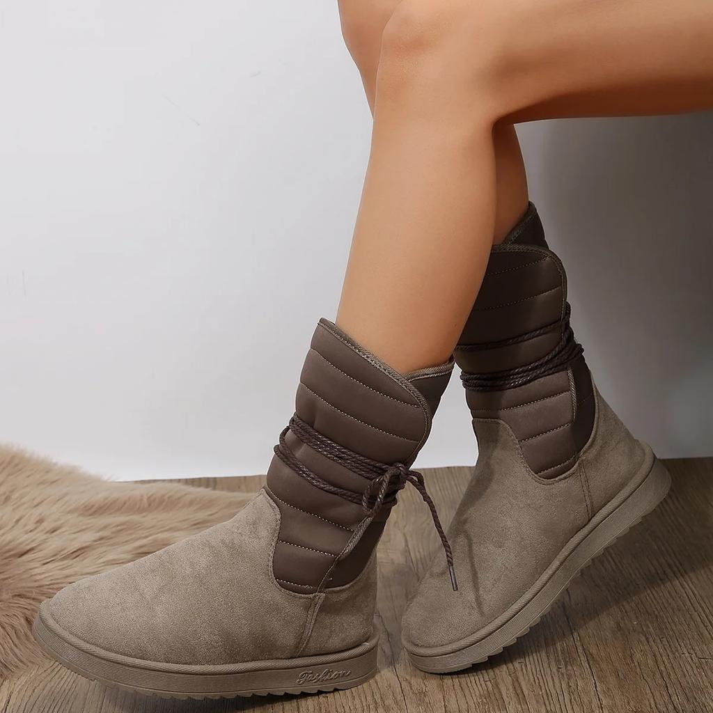 Большой размер до середины икры Зимние сапоги Женские 2025 Зима Новые Теплые Женские Хлопковые Сапоги на Платформе Шнуровка Мех Водонепроницаемая Обувь для Женщин