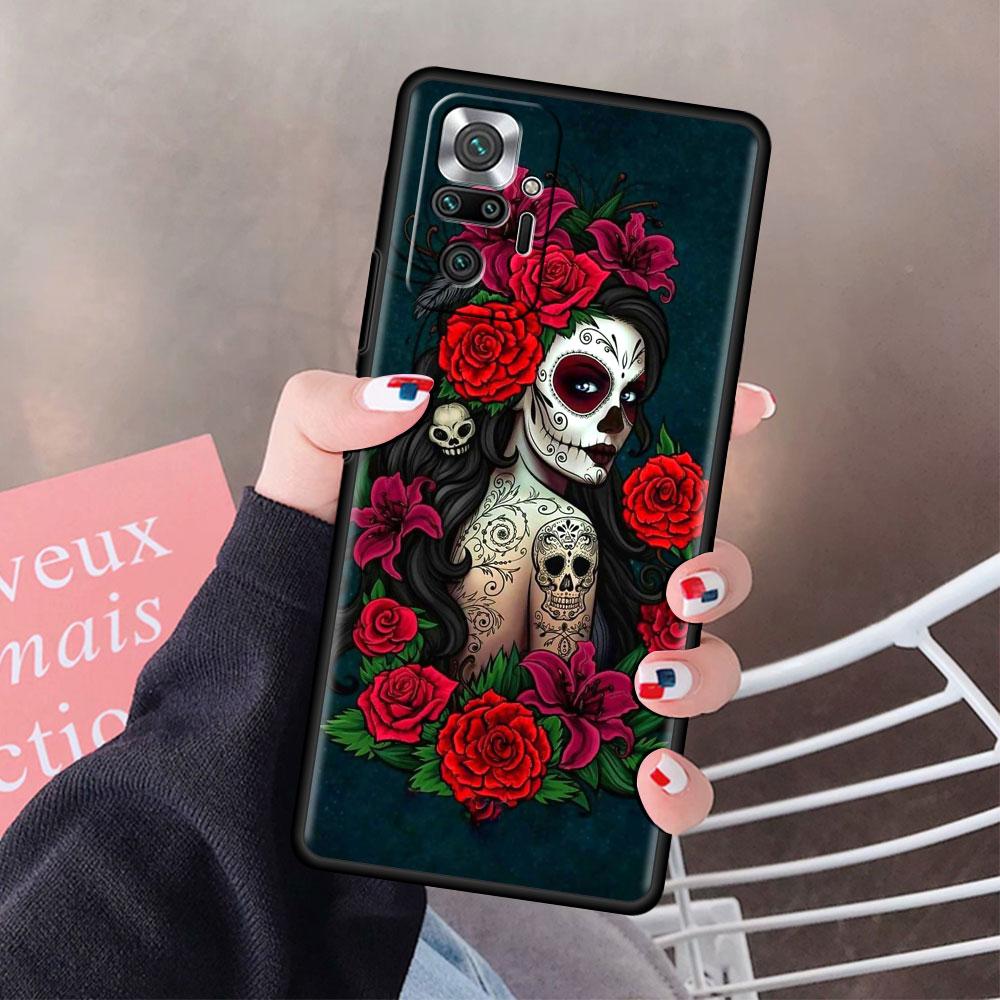 Fitted Soft Case For Xiaomi Redmi Note 9S 9 10 8 Pro 9A 13 12 12S 12C 10C 9i Capa Tpu Mexican Catrina Skull Girl Phone Cover