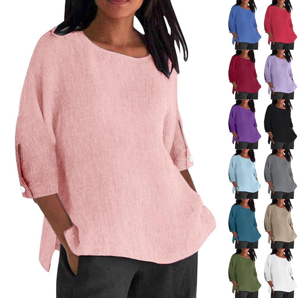 Women's Fashion Seven-Quarter Sleeve Round Neck Solid Color Loose Casual Shirt Tops