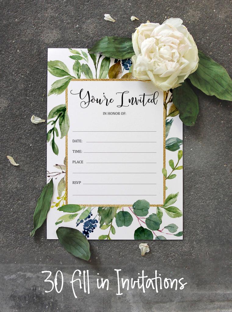 Inkdotpot Упаковка из 30 приглашений «Вы приглашены» с конвертами, приглашения с зеленью на свадьбу, девичник, вечеринку по случаю рождения ребенка, приглашения на день рождения