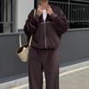 Womens Casual Velvet 2-Piece Set Long Sleeve Zip-Up Top Elastic Waist Wide Leg Pants
