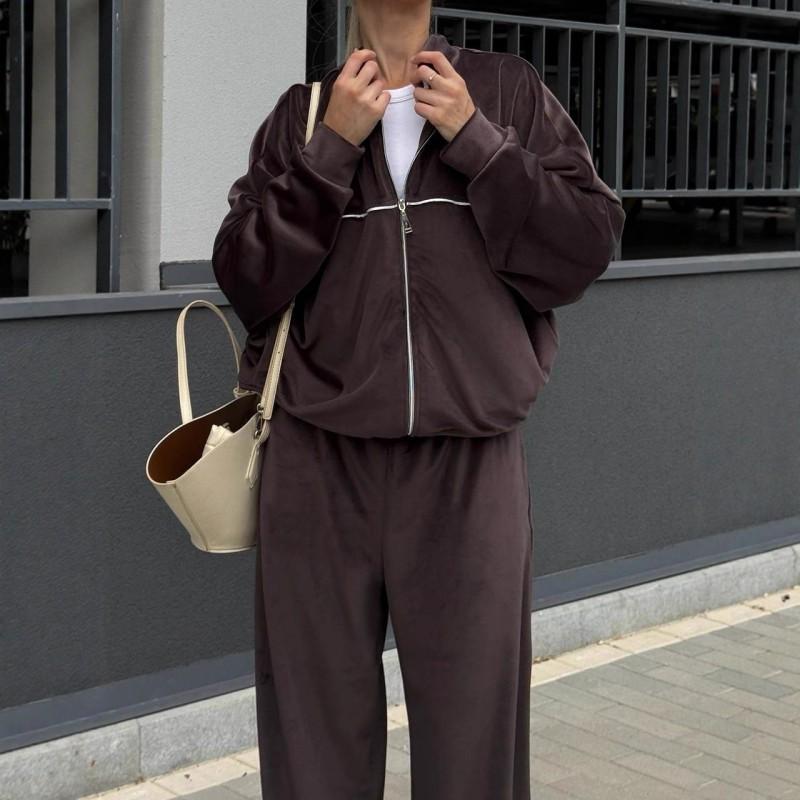 Womens Casual Velvet 2-Piece Set Long Sleeve Zip-Up Top Elastic Waist Wide Leg Pants
