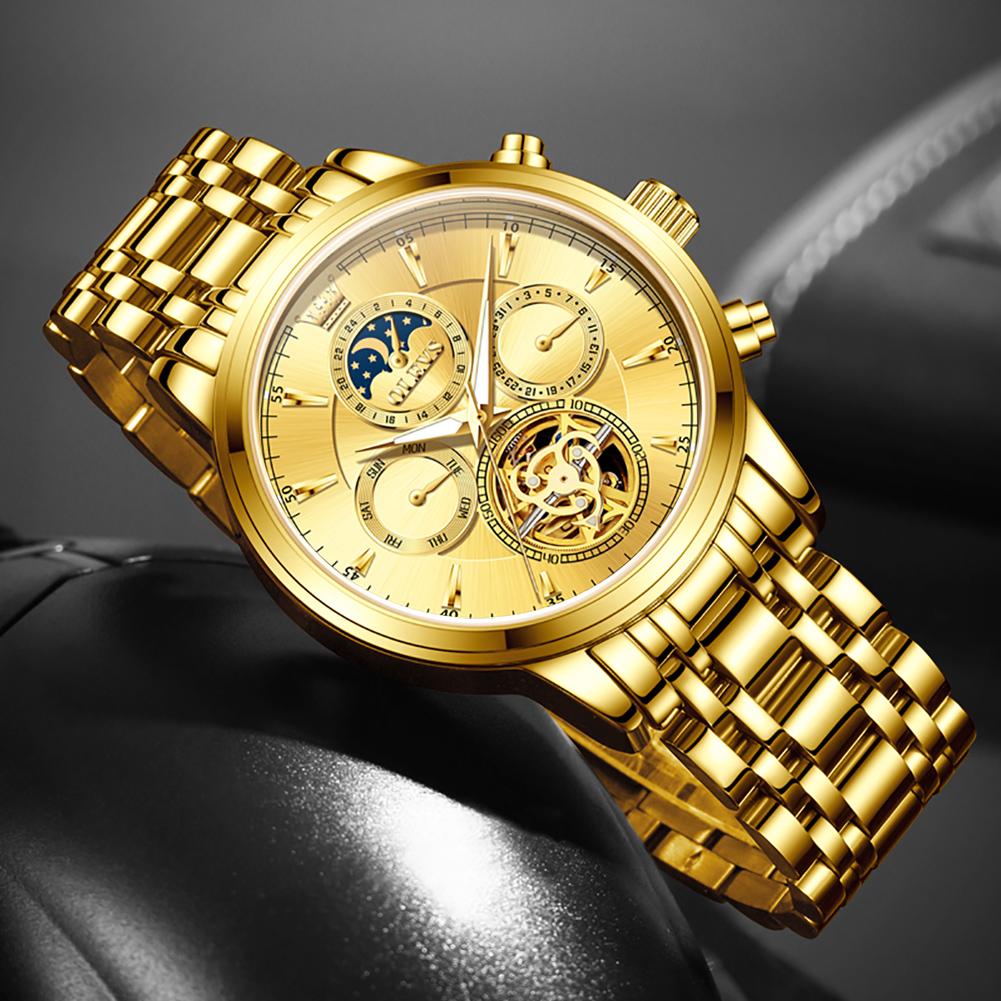OLEVS High Quality Luxury Men Tourbillon Gold Watch Automatic Movement Mechanical Male Stainless Steel Waterproof Wristwatches