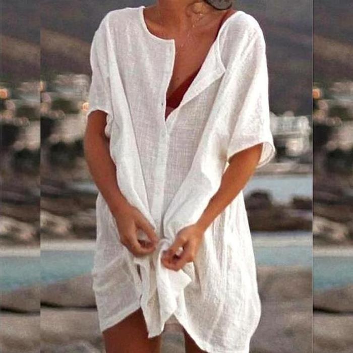 Плюс Размер Модная летняя женская повседневная пляжная одежда Купальники накидка льняное платье свободное с коротким рукавом глубокий V-образный вырез однотонное мини-платье для вечеринки