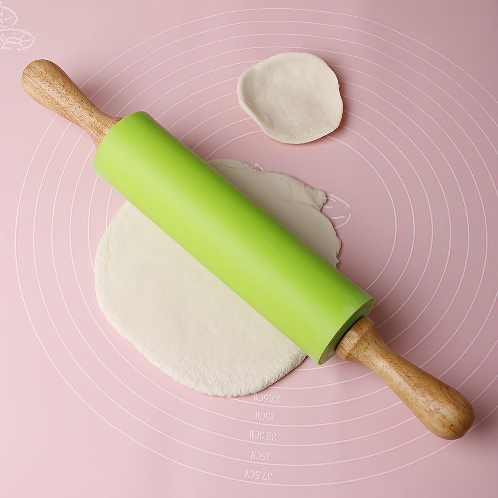 1pcs Silicone Rolling Pin With Solid Wood Handle, Household Rolling Pin, Non-stick Dumpling Flour Kneading Baking Tool Kitchen Tool