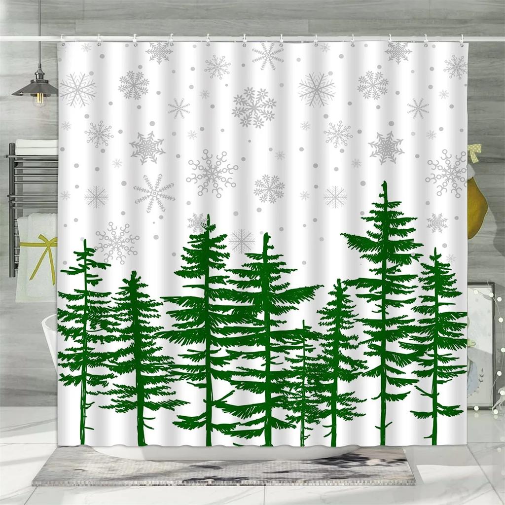 Christmas Shower Curtain, Winter Snowman Santa Claus Gnome Farm Farmhouse Cartoon Truck Christmas Tree Snowflake Bathroom Decor