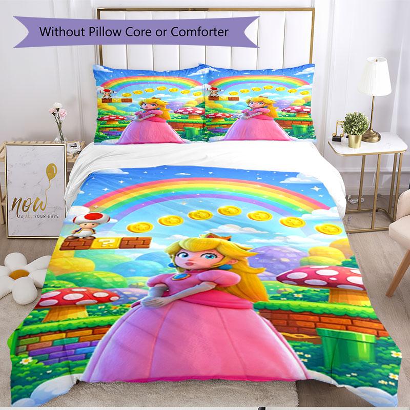 3pcs Duvet Cover Set (1*Duvet Cover + 2*Pillowcase, Without Core), Princess Peach Toadstool Print Soft All‑Season Bedding Set, Home Bedroom Decor Gift