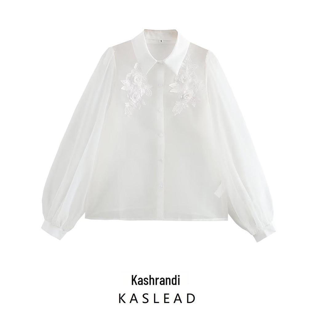 2024 Autumn Women's European-American Style Organza Flower See-Through Shirt