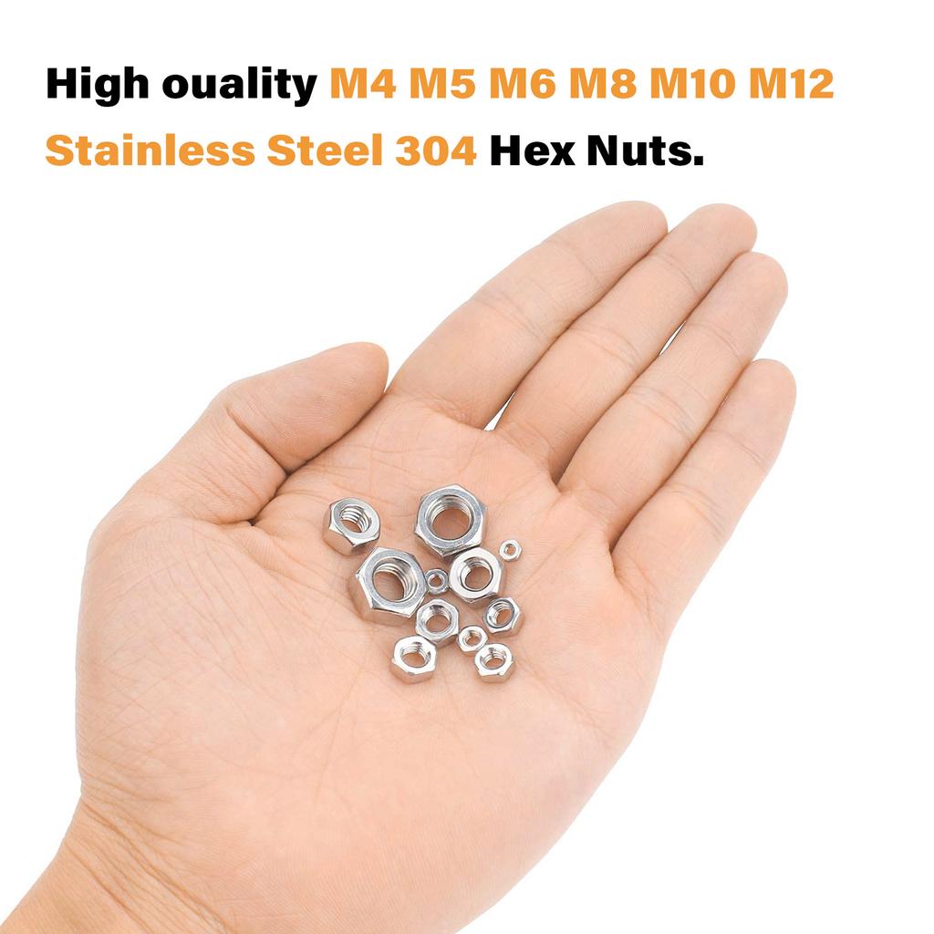 Metric Hexagon Nut Set, DIN M4 M5 M6 M8 M10 M12 Stainless Steel Hexagon Nuts 66 Pieces