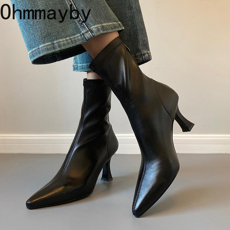 Осень Зима Женские Ботильоны с Острым Носком, Обувь на Молнии, Уличный Стиль, Толстый Высокий Каблук, Современные Короткие Ботильоны