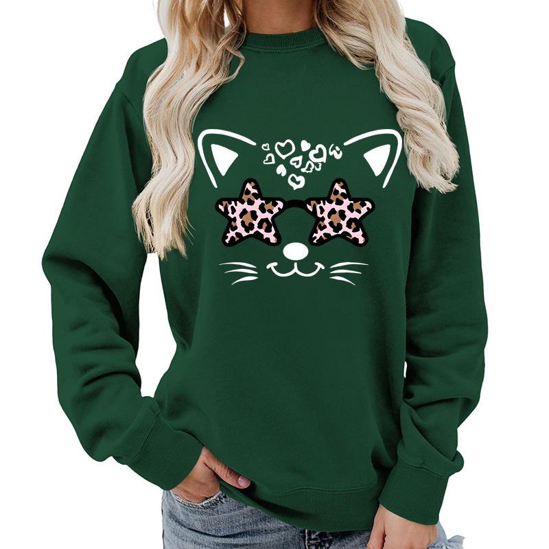 Leopard Print Round Neck Women's Hoodie - Autumn/Winter Casual Loose Fit, European Size