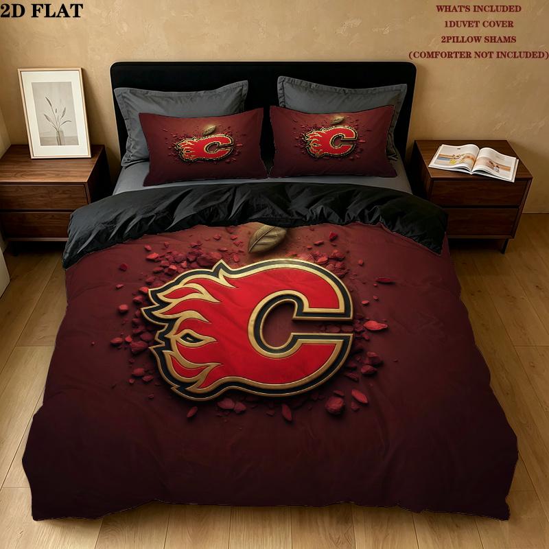 Calgary Flames Pattern Bedding Quilt Set Home Decoration Gift (1 * duvet cover + 2 * pillowcase without core)