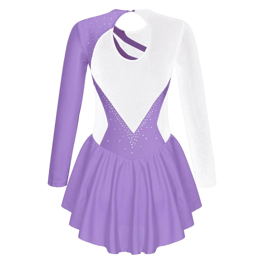 Girls Flower Rhinestone Long Sleeve Round Neckline Hollow Back Patchwork Skating Dance Dress