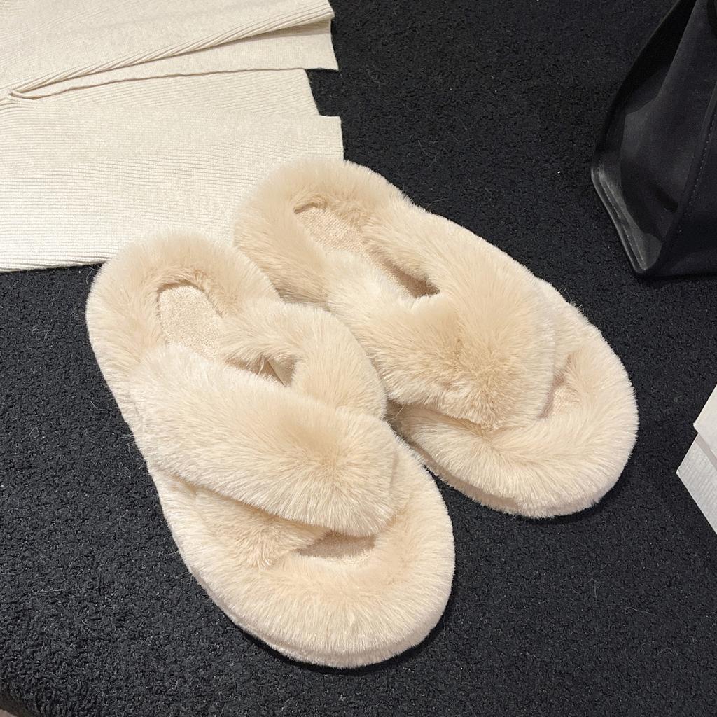 2025 новая мода осень-зима корейская версия тапочек Мао Мао женская одежда толстая подошва крест интернет знаменитости теплые хлопковые тапочки из кроличьей шерсти