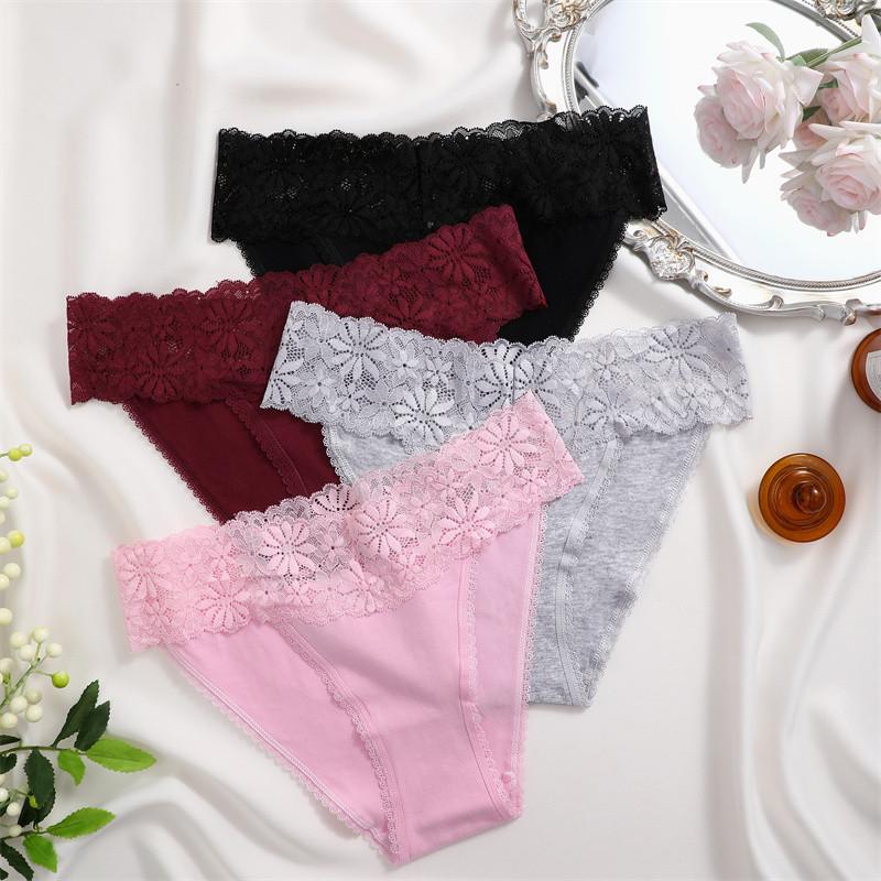 FINETOO High Waist Lace Panties for Woman Comfort Cotton Briefs Sexy Lace Edge Lingerie Breathable Underwear