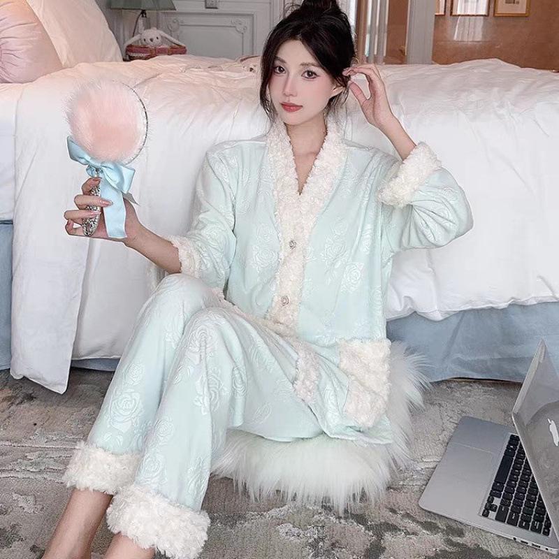 Женский пижамный комплект из розового флиса - Лонгслив и брюки, осенне-зимний стиль