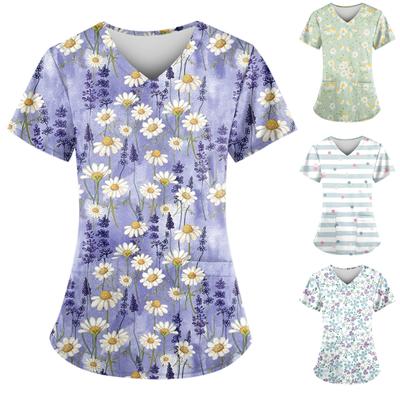 Женская мода с v-образным вырезом, короткими рукавами и карманами, топы с принтом