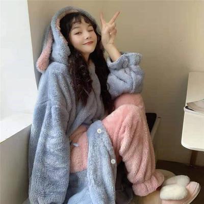 Kawaii халат комплекты женские простые зимние шикарные милые халаты с капюшоном женские карманы мягкая фланелевая уютная толстая новейшая домашняя одежда 2 грудных клетки