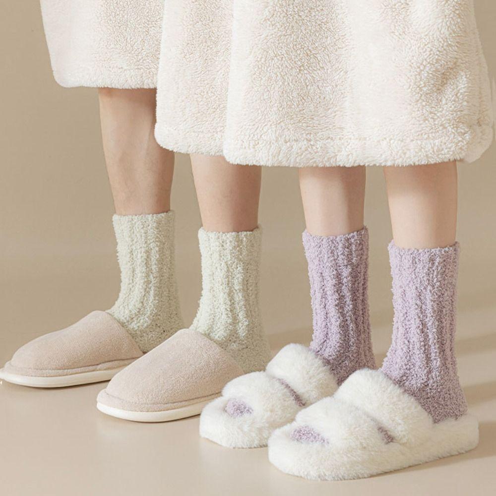 4Pairs Thickened Coral Fleece Socks Winter Mid Tube Socks Women Floor Plush Socks  For Female Men