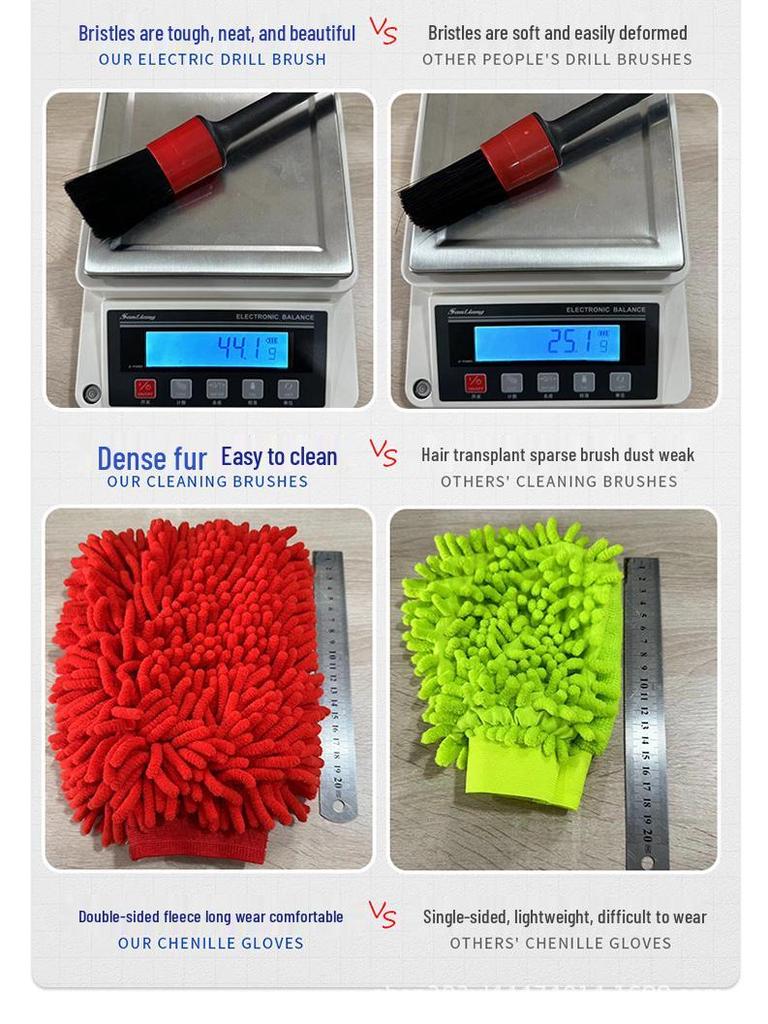 Комплект для чистки автомобилей: Набор из 17 предметов с щеткой-насадкой для дрели, колесной щеткой, щелевой щеткой, губкой, перчаткой для интерьера и экстерьера.